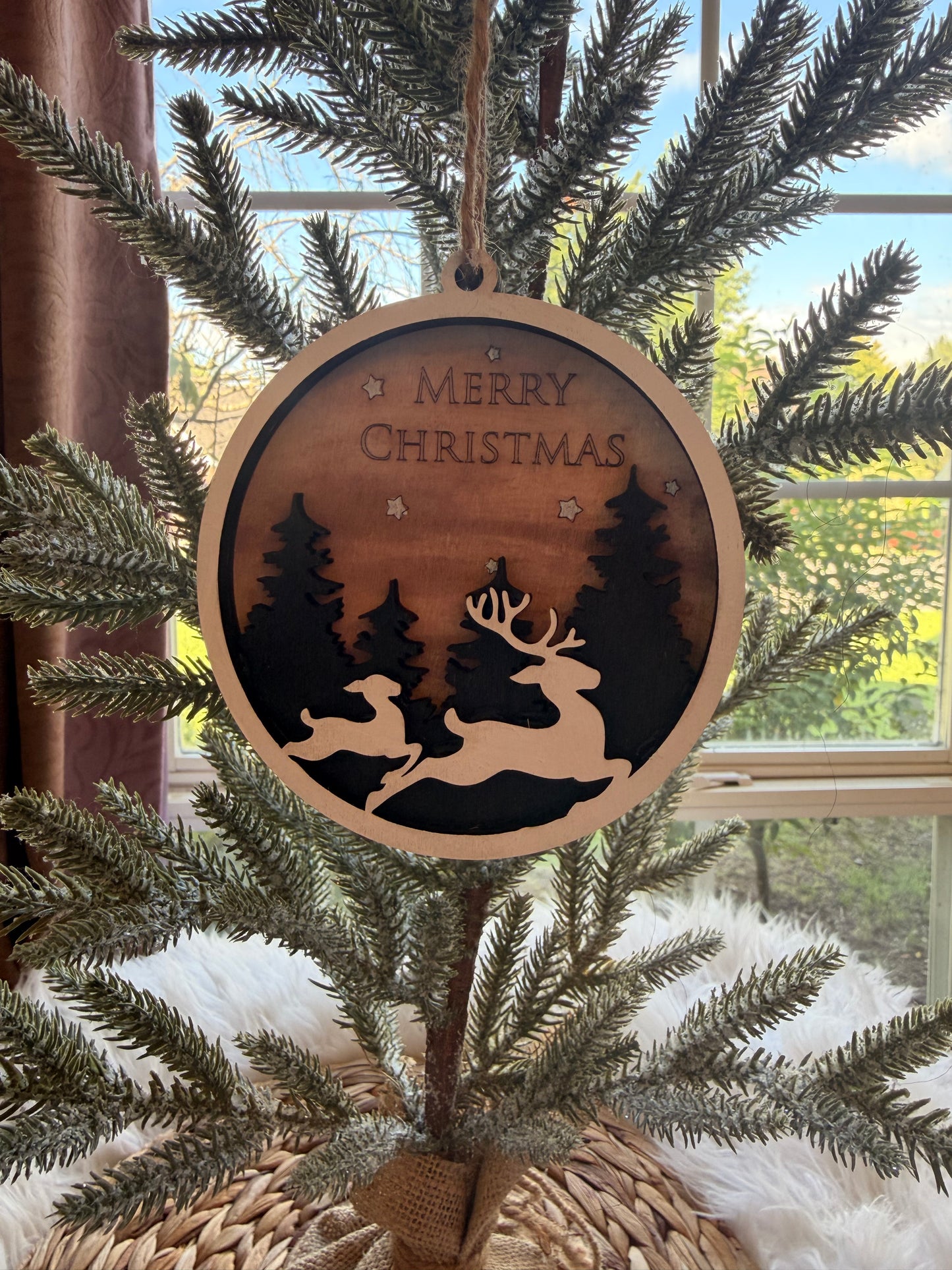 Merry Christmas Reindeer Wooden Ornament